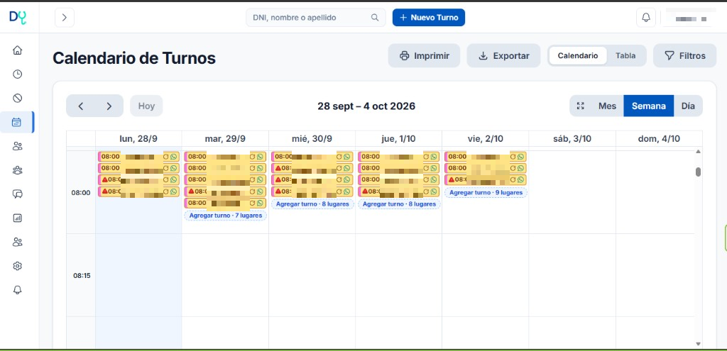 Calendario semanal de turnos en DoctorYa