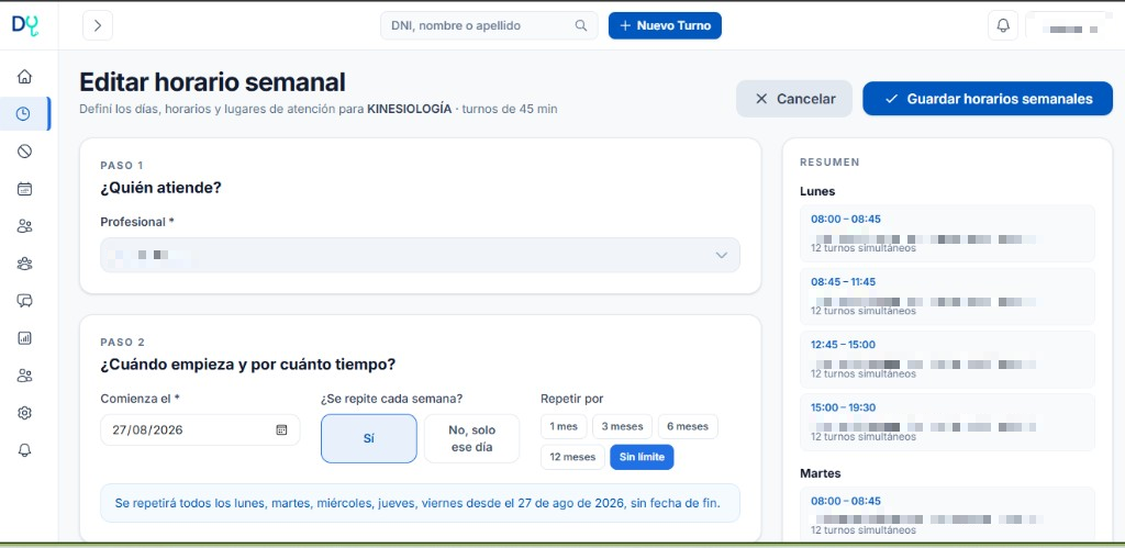 Configuración del horario semanal de un profesional
