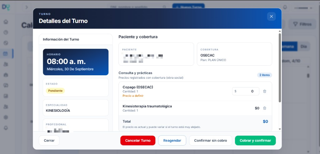 Detalle de un turno con cobertura, prácticas y cobro